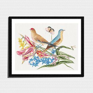 Art Print, Colorful Birds & Flowers Sketch